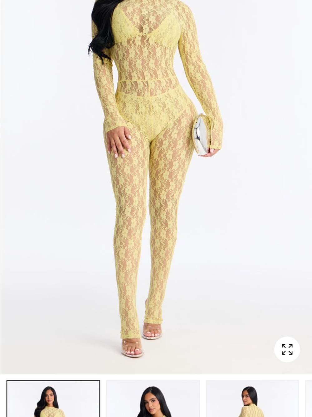 Fashion Nova Yellow Lace Long-Sleeve Skinny Jumpsuit